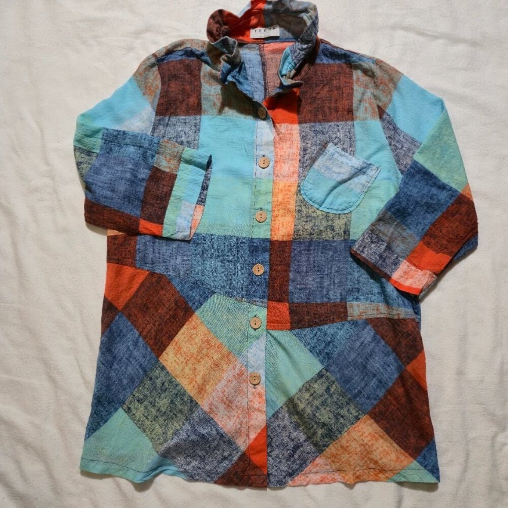 Terra SJ Apparel Top Small Signature Ruffle Wire Collar Plaid Button Shirt Artsy